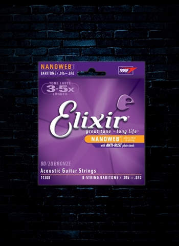 Elixir 11308 Nanoweb 80/20 Bronze Acoustic Strings - 8-String Baritone (16-70)