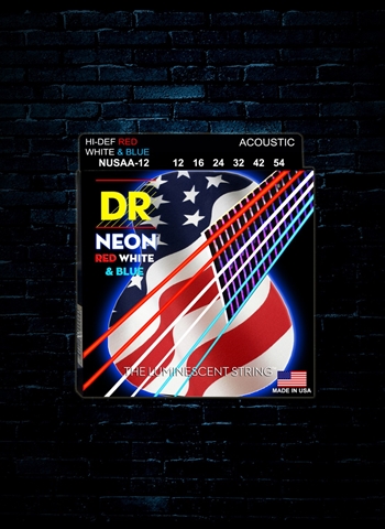 DR NUSAA-12 - K3 Neon Red, White and Blue Acoustic Strings - Med (12-54)