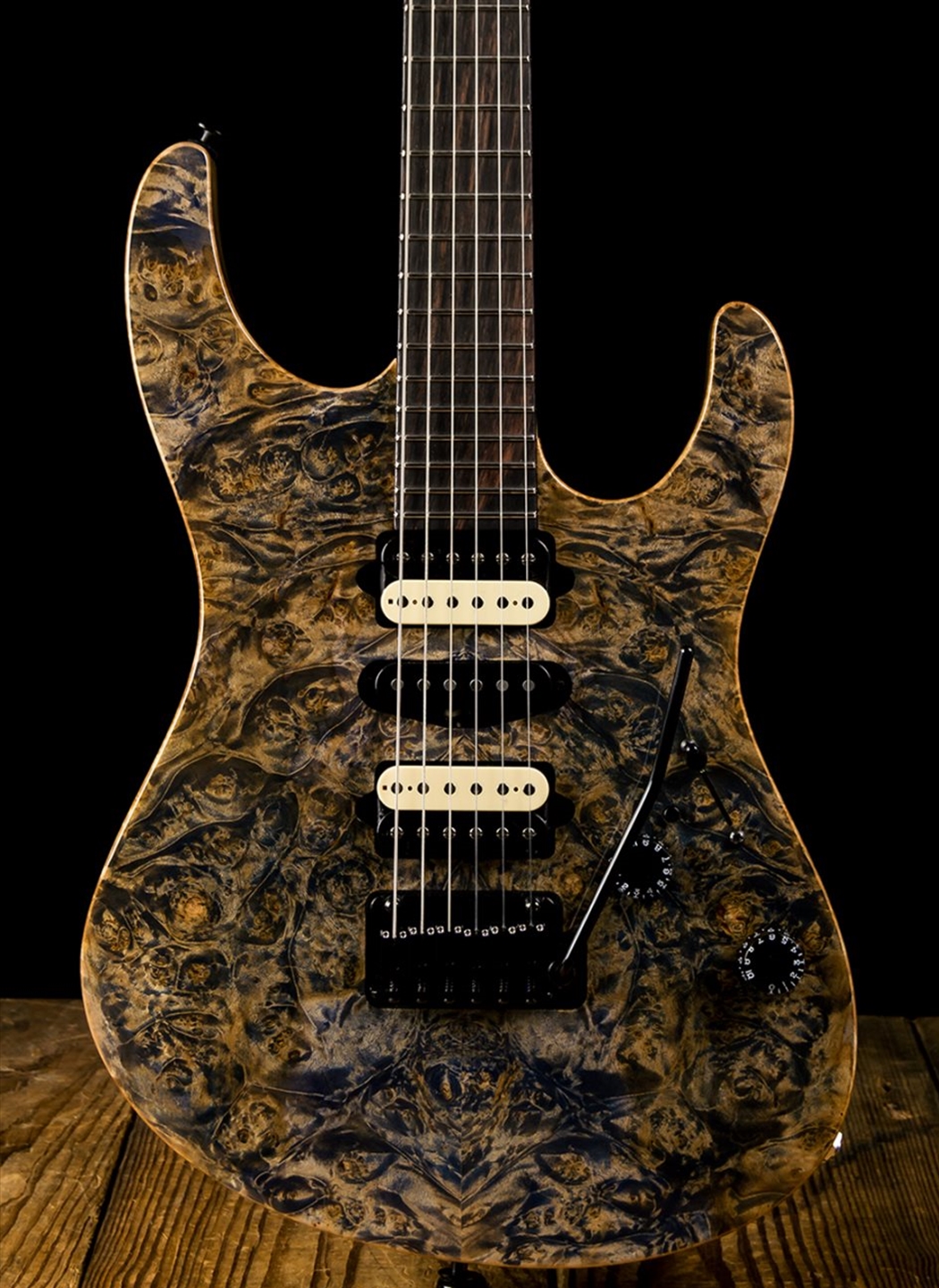 Suhr Modern Custom Burl Maple/Black Limba - Trans Blue Denim Slate