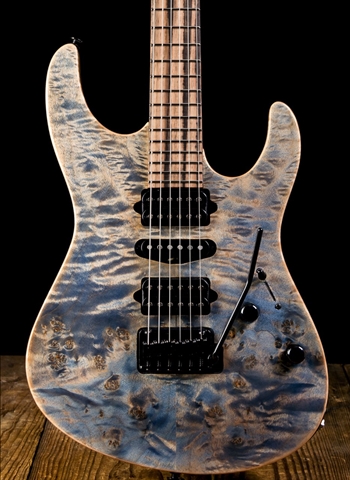 Suhr Modern Custom Carve Top Waterfall Burl Maple - Trans Blue Denim Slate