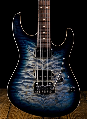 Suhr Modern Custom Carve Top Quilt Maple/African Mahogany - Faded Trans Whale Blue Burst