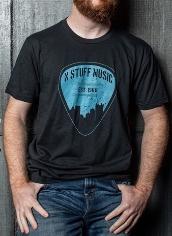 N Stuff Music Blue Pick Design on Black T-Shirt