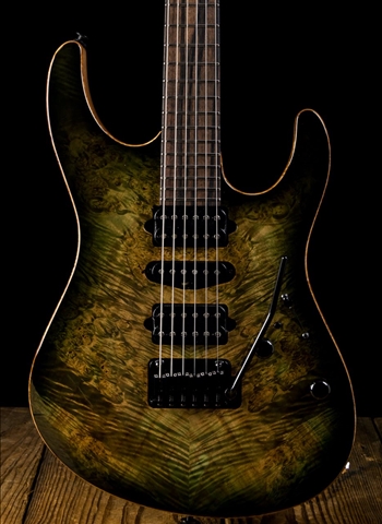 Suhr Modern Custom Waterfall Burl Maple/Mahogany - Faded Trans Green Burst