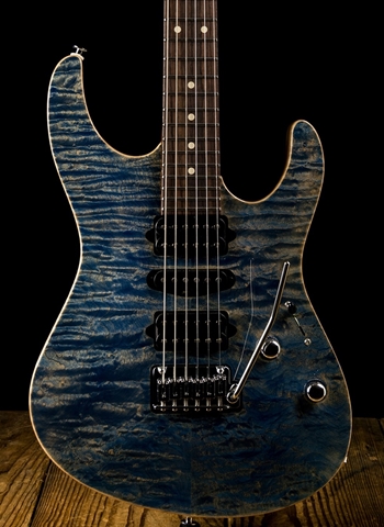 Suhr Modern Custom Carve Top Quilt Maple/African Okoume - Trans Blue Denim Slate