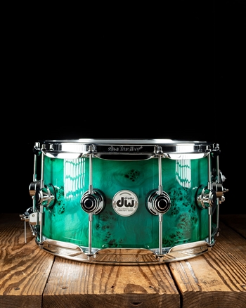 Drum Workshop 7"x14" Collector's Exotic Snare Drum - Turquoise Blue to Sea Green Quick Burst over Maple Burl