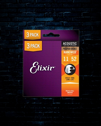 Elixir 16544 Nanoweb Phosphor Bronze Acoustic Strings (3 Pack) - Custom Light (11-52)