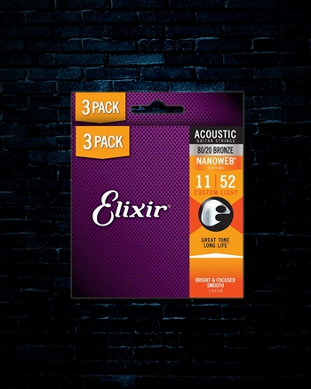 Elixir 16538 Nanoweb 80/20 Bronze Acoustic Strings (3 Pack) - Custom Light (11-52)