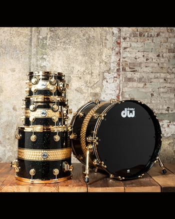 Drum Workshop Collector's Series Maple/Mahogany 4-Piece Drum Set - Black Mirra w/Gold Leaflet Rally Stripe