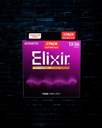 Elixir 16102 Nanoweb Phosphor Bronze Acoustic Strings (3 Pack) - Medium (13-56)